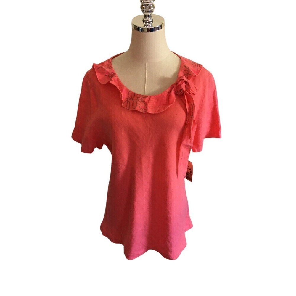 Focus Top Pink Women's Size Large Hot Pink Short Sleeve Linen Ruffley
